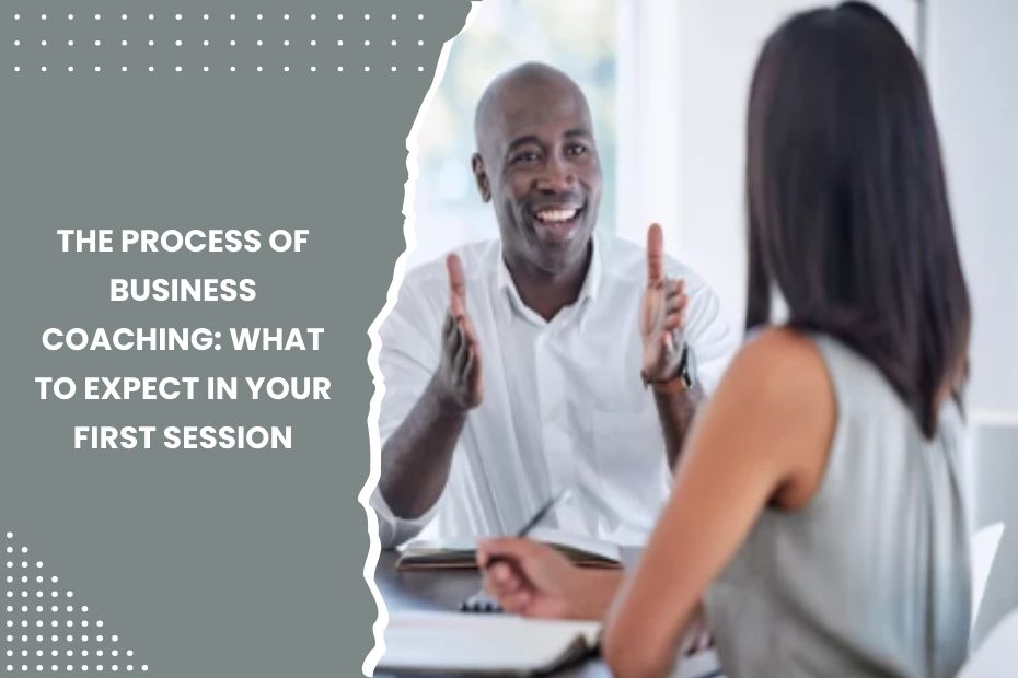A business coach and client discussing strategy during a first coaching session.