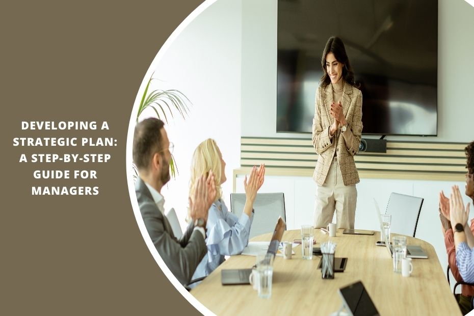 A business manager reviewing a strategic plan with a team in a meeting