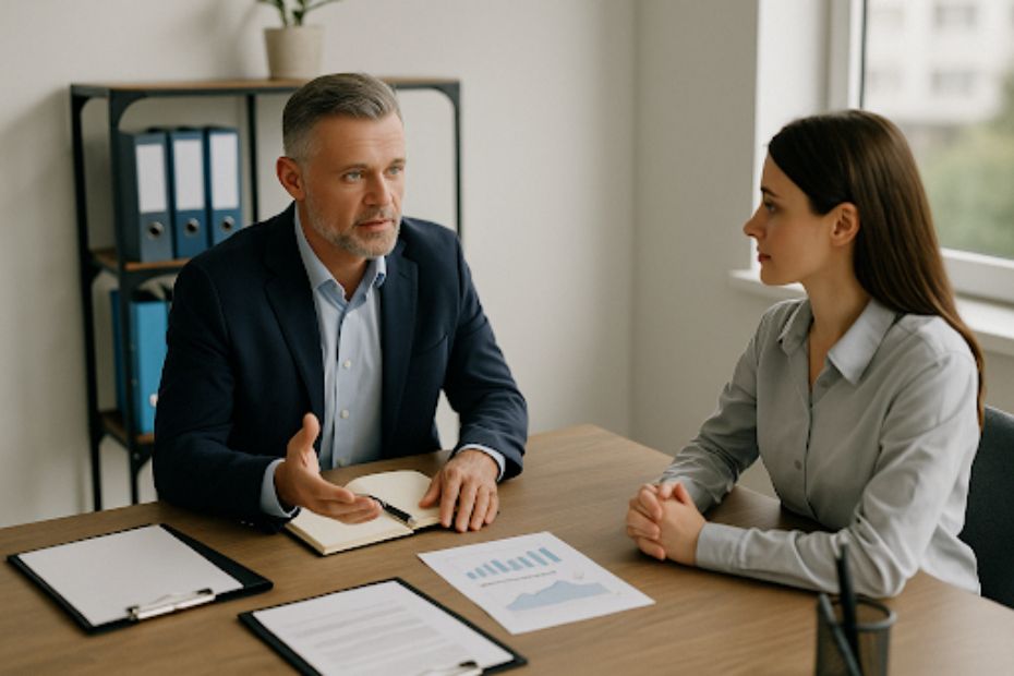 Business coach and new client discussing coaching goals