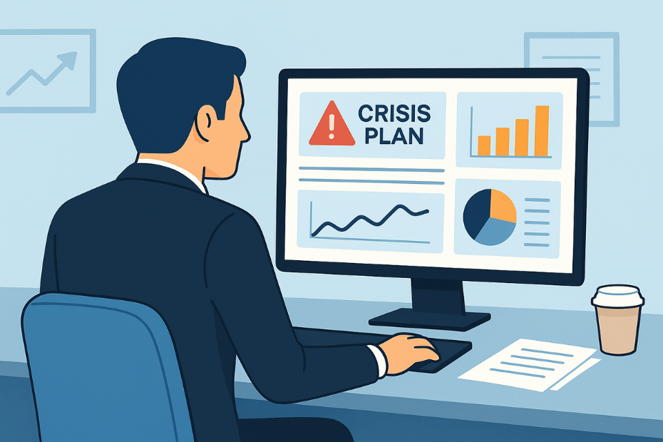 A business professional reviewing crisis management plans on a digital dashboard in a corporate setting.