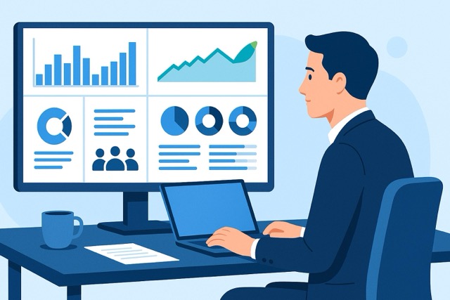 Business manager analyzing charts on a digital dashboard to guide team decisions.