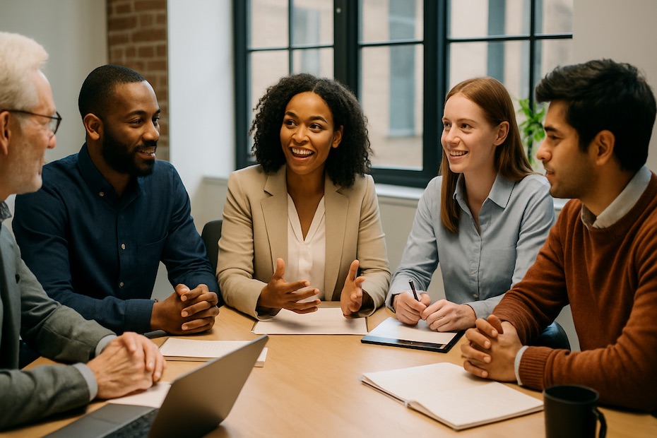 Diverse team collaborating at a meeting table