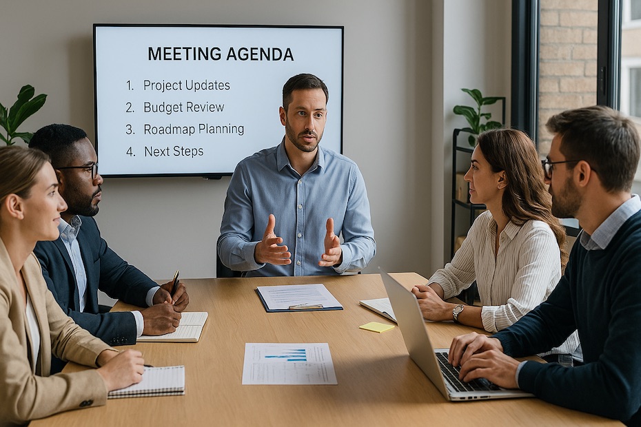 Manager leading a focused team meeting with agenda on screen