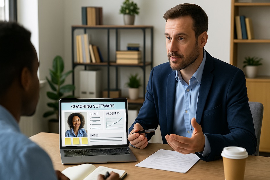 Business coach using digital tools in a hybrid session