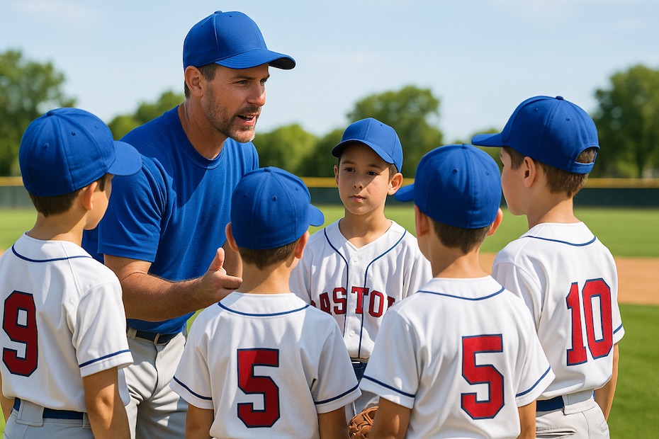 Youth baseball coach leading a team huddle with players in uniforms on the field