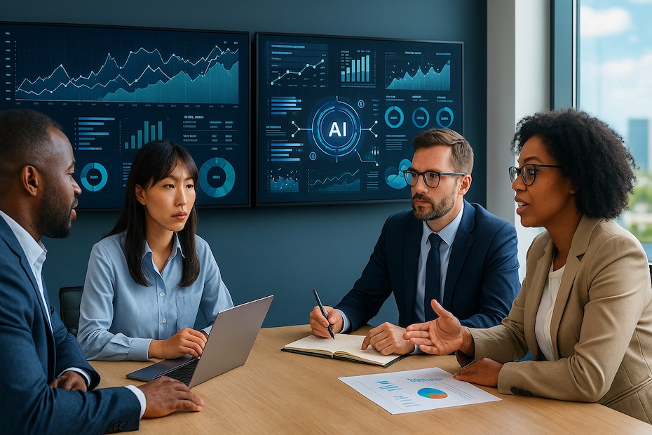 Business executives discussing modern strategy with AI tools and dashboards