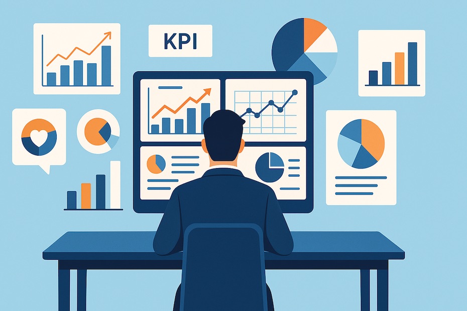 A business leader reviewing key performance indicators across finance, customers, operations, and workforce metrics.