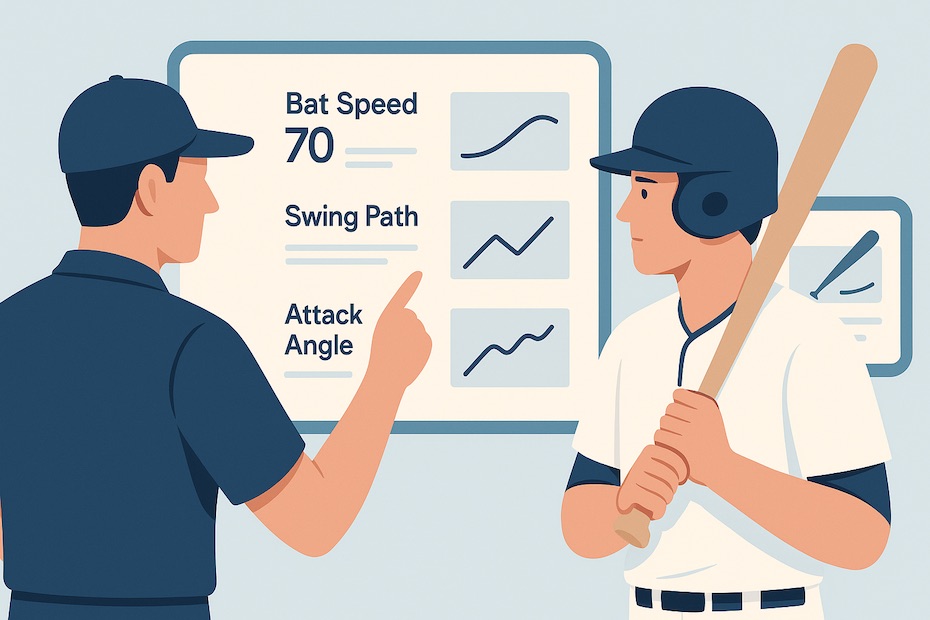 Baseball coach reviewing swing analyzer data with bat sensor and digital swing path display.