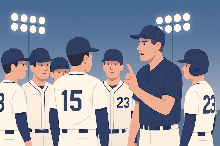 Baseball coach addressing players in a team huddle, representing championship culture and unity.