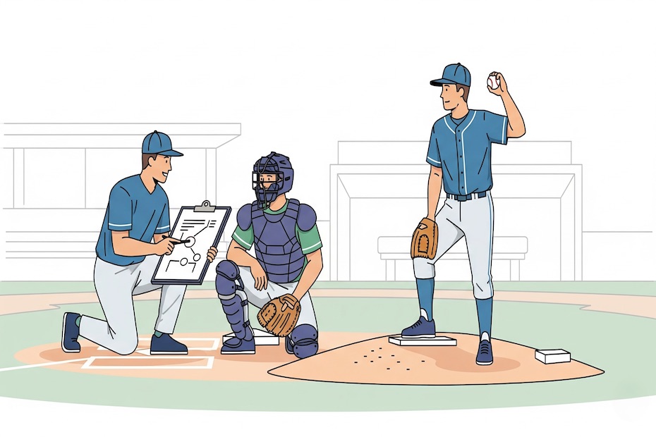 A catcher signaling pitch calls to a pitcher with a dugout coach observing, symbolizing effective pitch calling strategies.