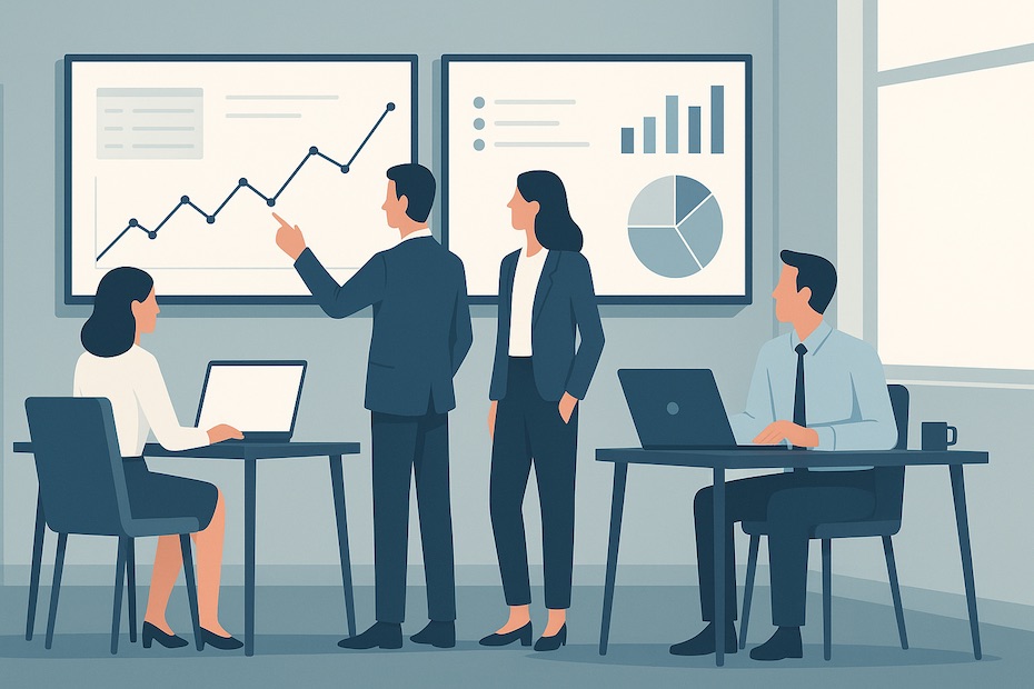 Business professionals collaborating on group coaching dashboards in a modern office.