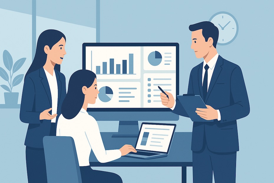 Business coach reviewing digital dashboards to manage client sessions and performance in a modern office environment.