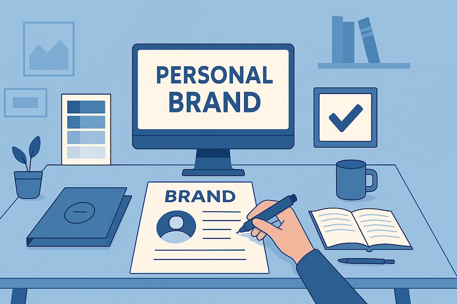 Business coach developing a personal brand strategy at a modern desk.