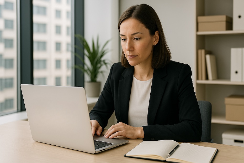 Business coach reviewing future coaching trends on a laptop in a modern professional workspace.