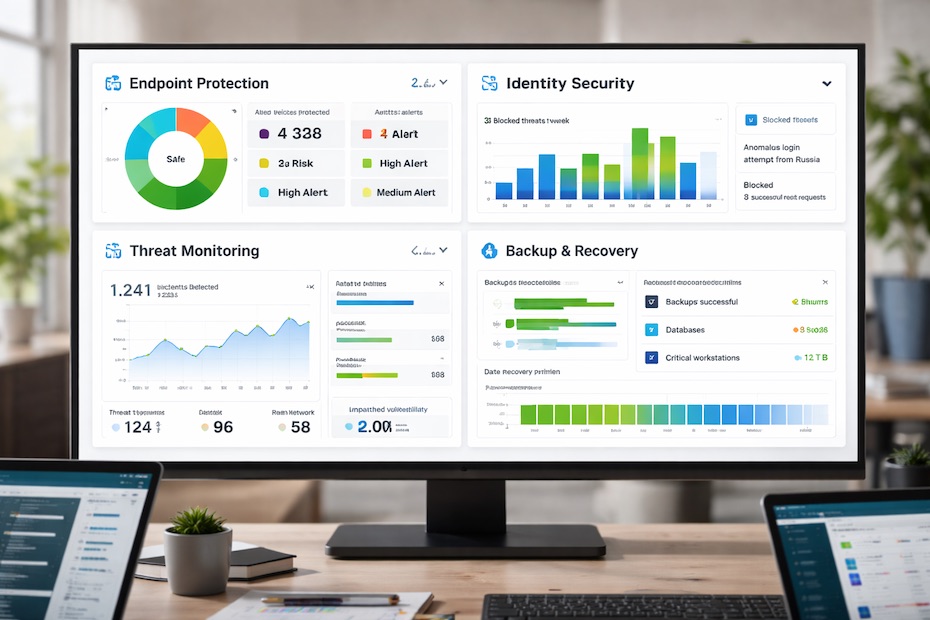 A modern business security dashboard displaying endpoint alerts, identity protection, and system monitoring