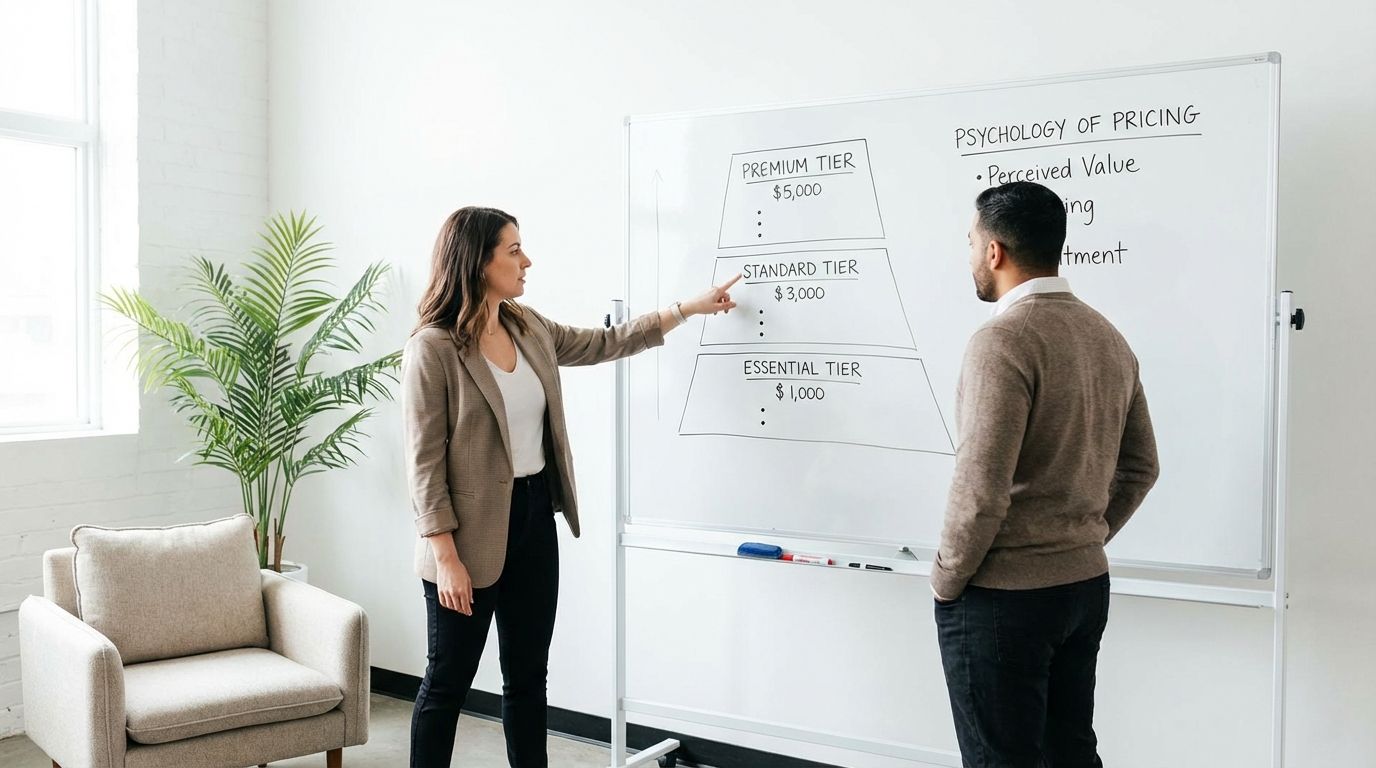 Coach presenting a three-tier coaching fees pricing ladder on a whiteboard to a client