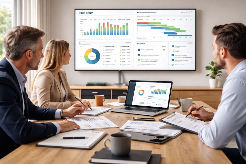 Executives evaluating ERP options using dashboards, requirements checklists, and process maps in a modern office setting.