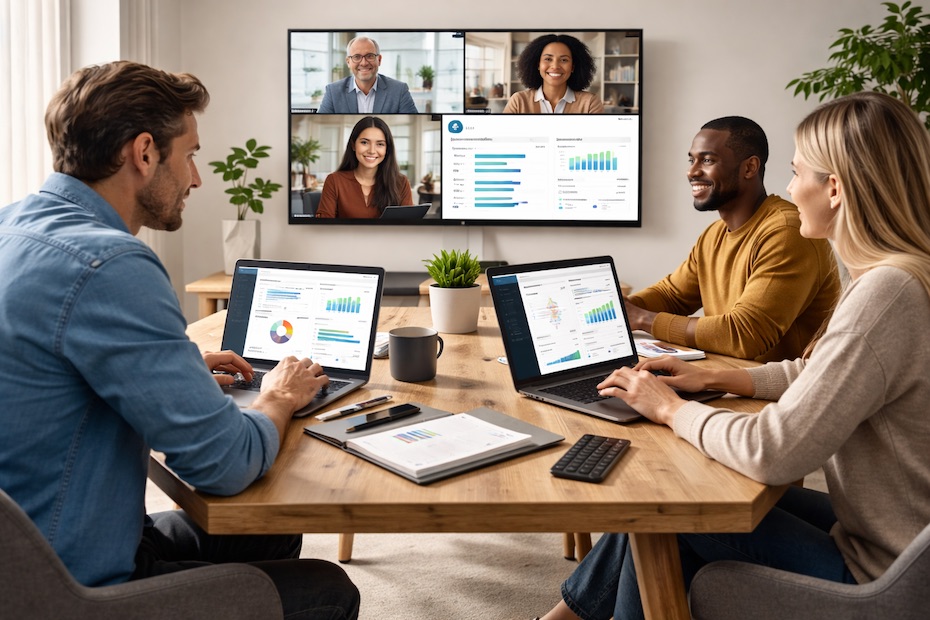 Remote team collaborating using digital collaboration platforms and shared work dashboards.