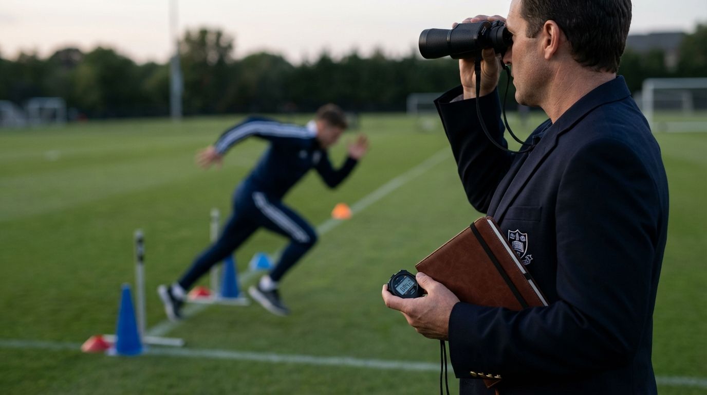 College coach watches a player sprint and change direction during a recruiting evaluation drill