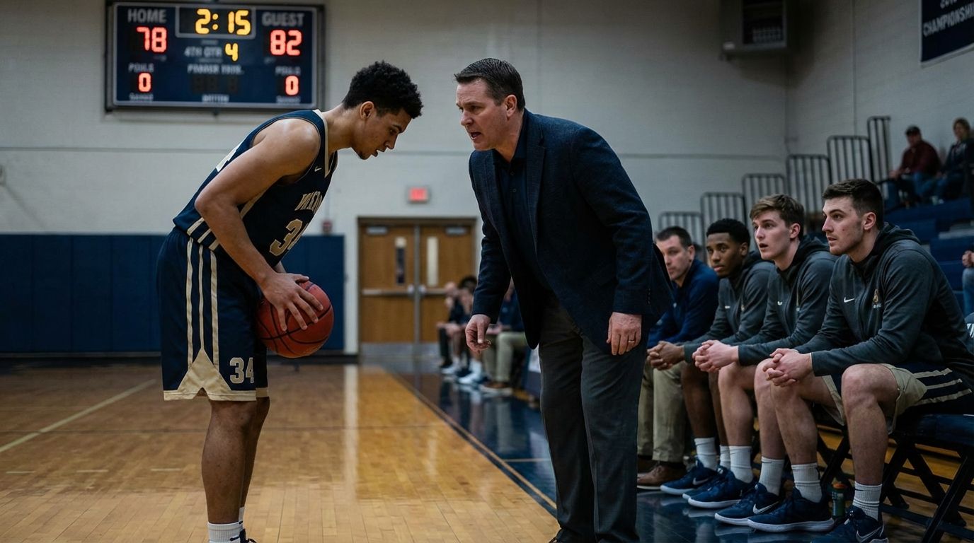 Basketball coach talks to a star player holding the ball while teammates stand spaced out on the court.