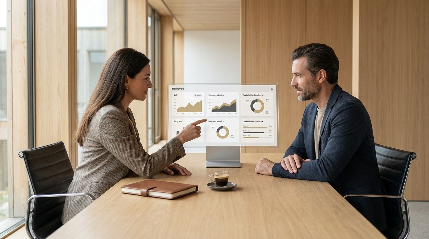 Coach reviewing a coaching ROI dashboard with charts and metrics on a laptop during a client meeting