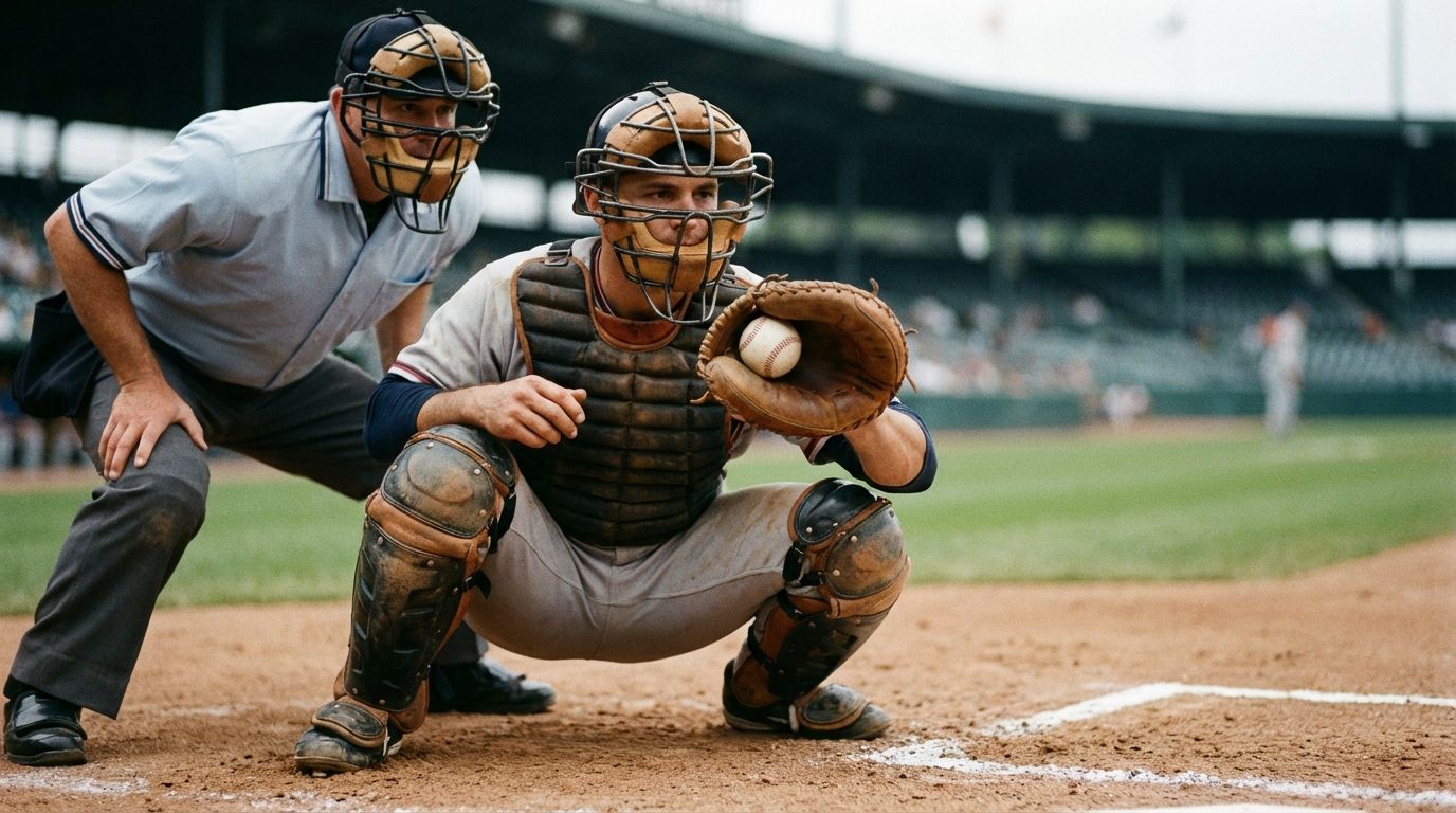 Baseball catcher receiving a borderline pitch with quiet hands as an umpire watches