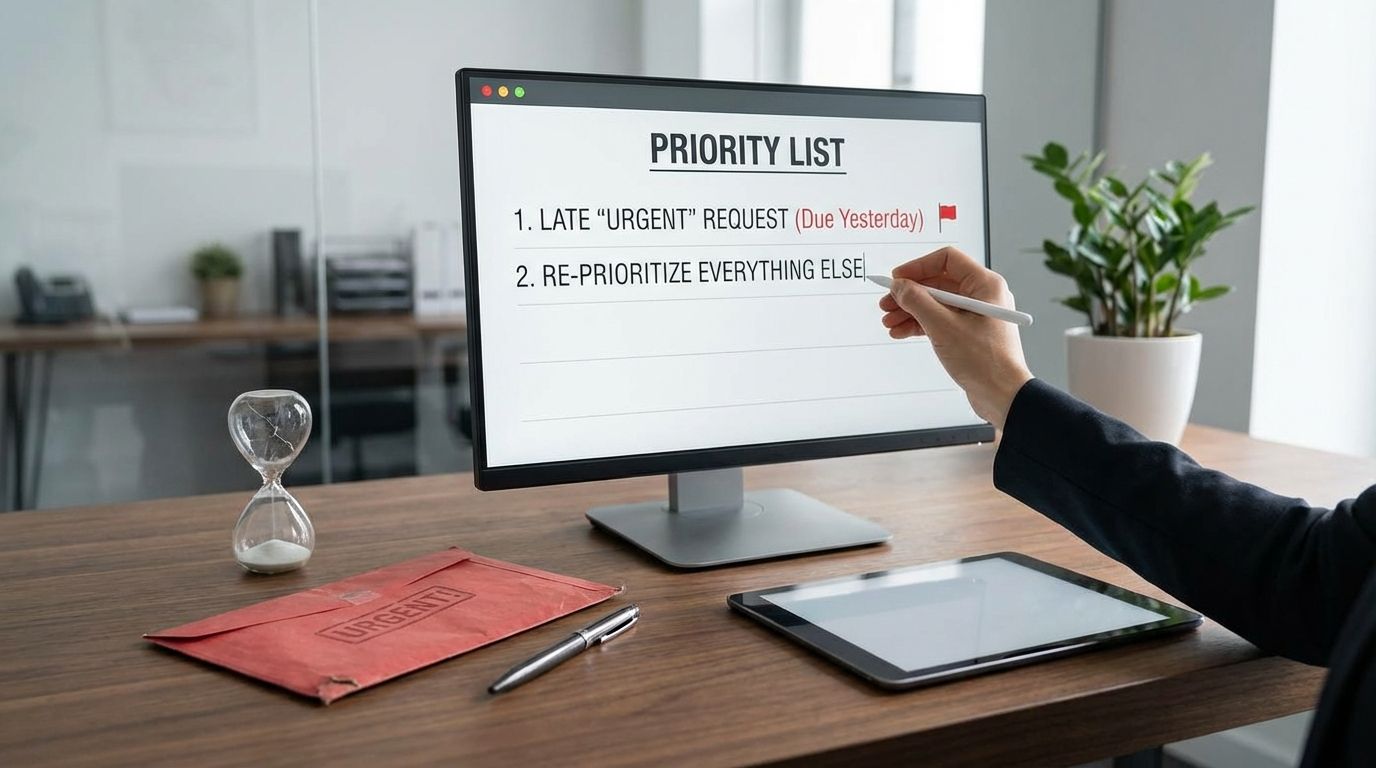Employee reviewing an urgent task request and reprioritizing work on a laptop at a desk