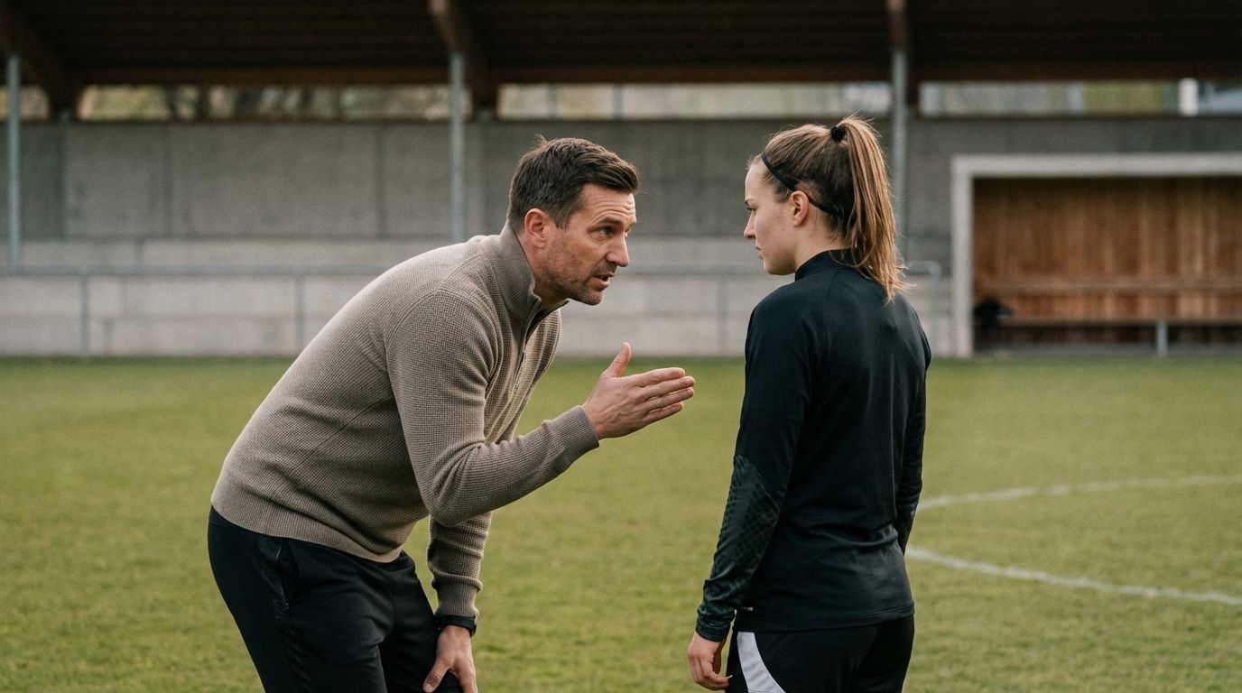 Coach giving calm, specific feedback to a player during sports practice