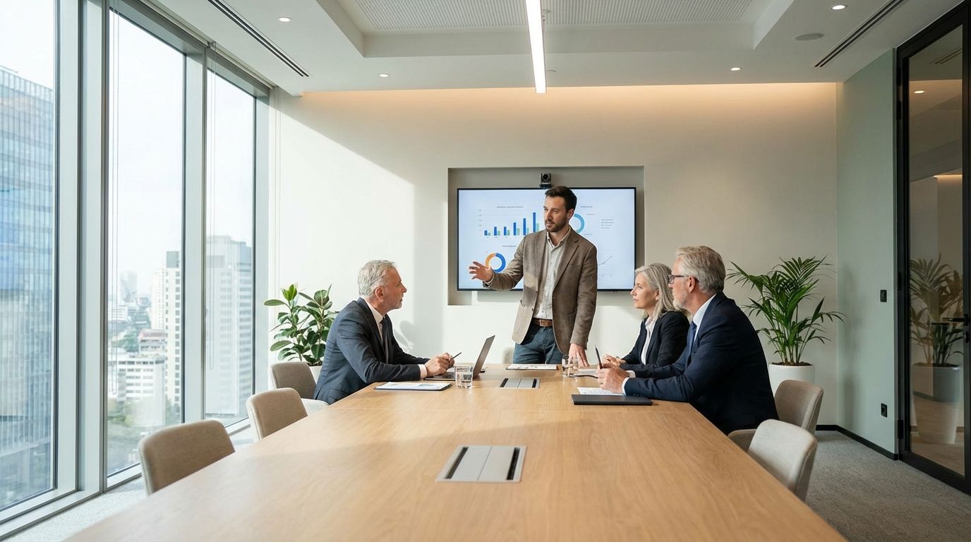Manager leading a meeting with experienced team members in a modern office