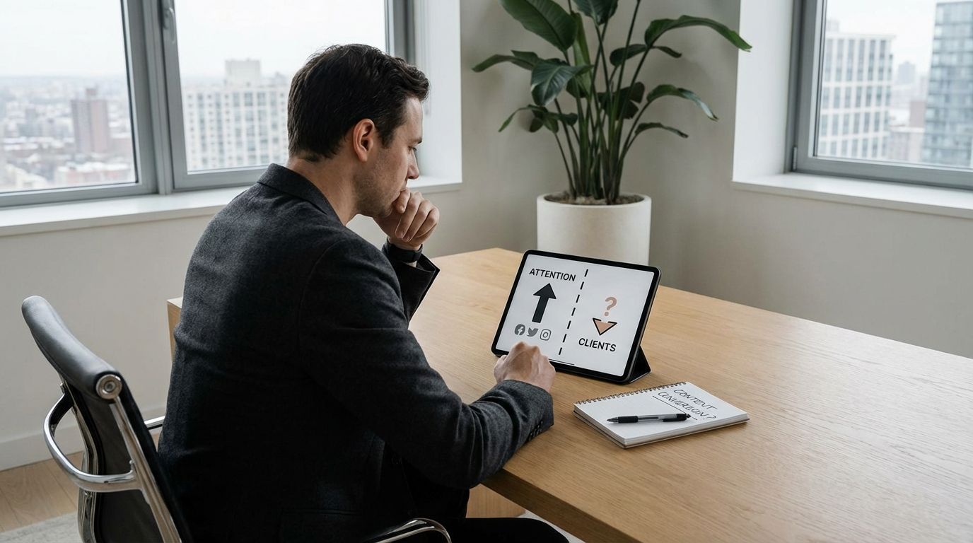 Coach reviewing content strategy on a laptop while planning how to turn coaching content into paying clients