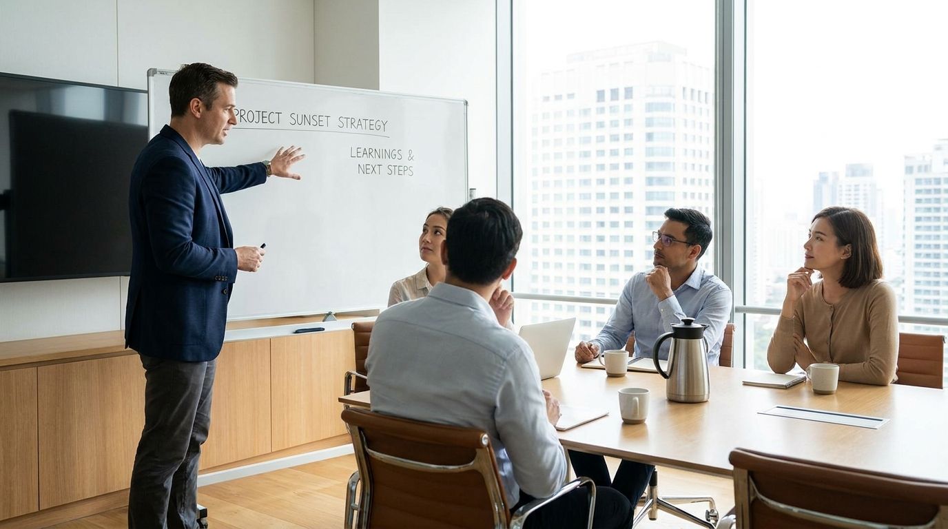 Manager speaking to a project team in a meeting room about ending a failing project while keeping morale intact