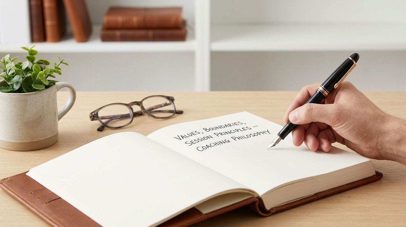 Coach writing a coaching philosophy statement in a notebook during a planning session