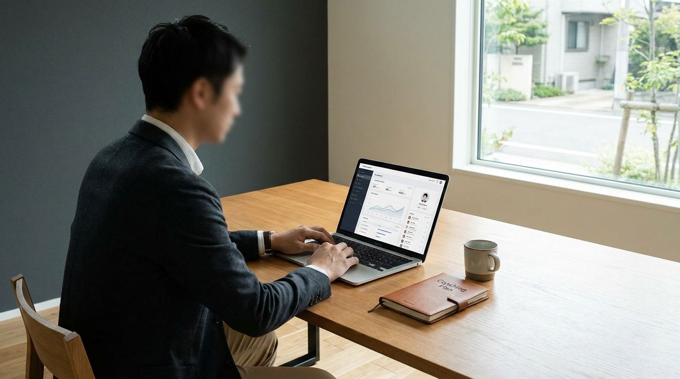 Coach managing an online group coaching community on a laptop
