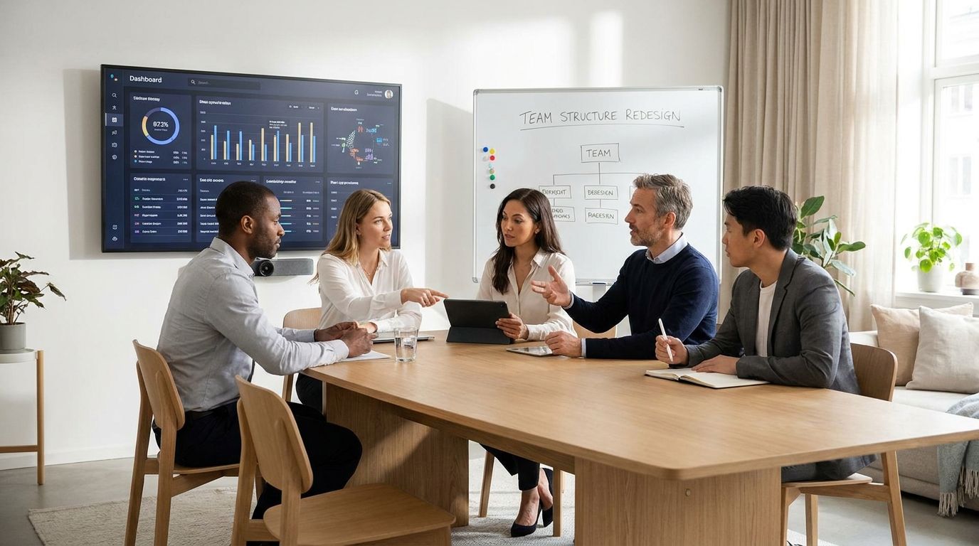 Managers reviewing team performance metrics on a digital dashboard during a planning meeting