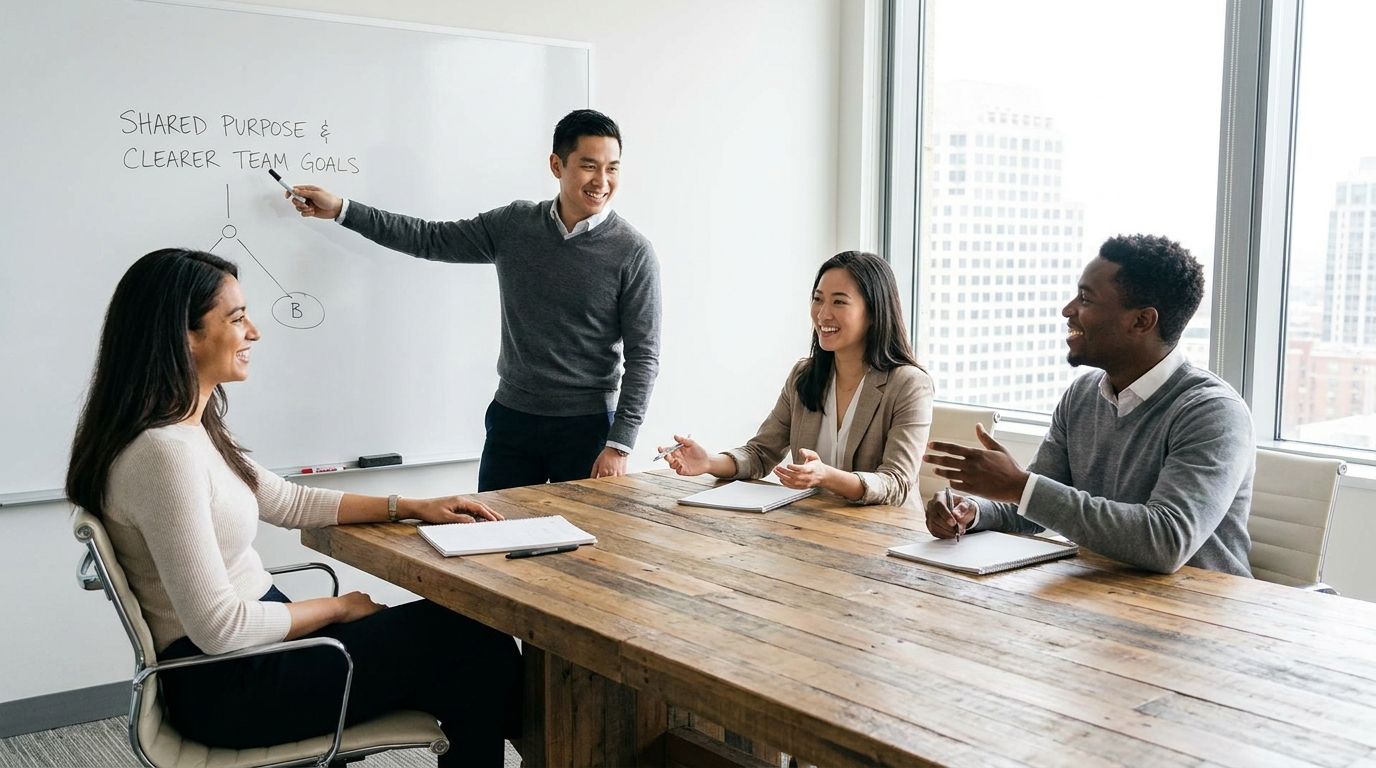 Manager leading a team discussion about purpose and goals in a modern office