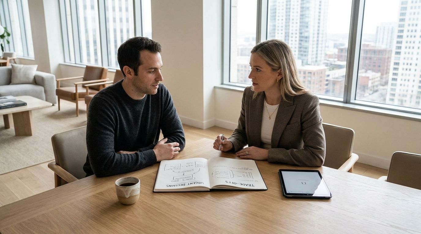 Founder and coach reviewing urgent startup decisions at a desk