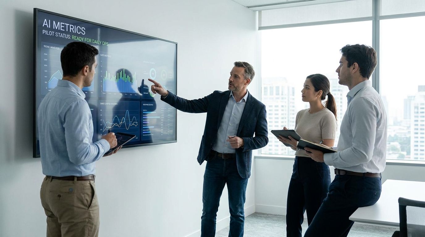 Manager leading a team through AI workflow metrics on a digital dashboard