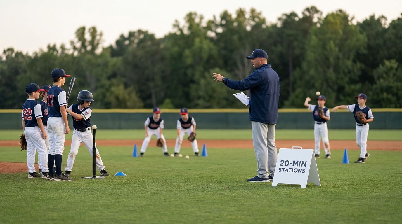 Youth baseball coach guiding players through practice stations on a baseball field