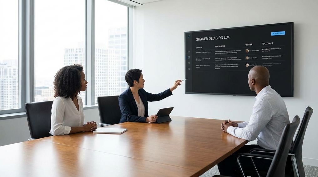 Team reviewing a shared decision log during a project meeting