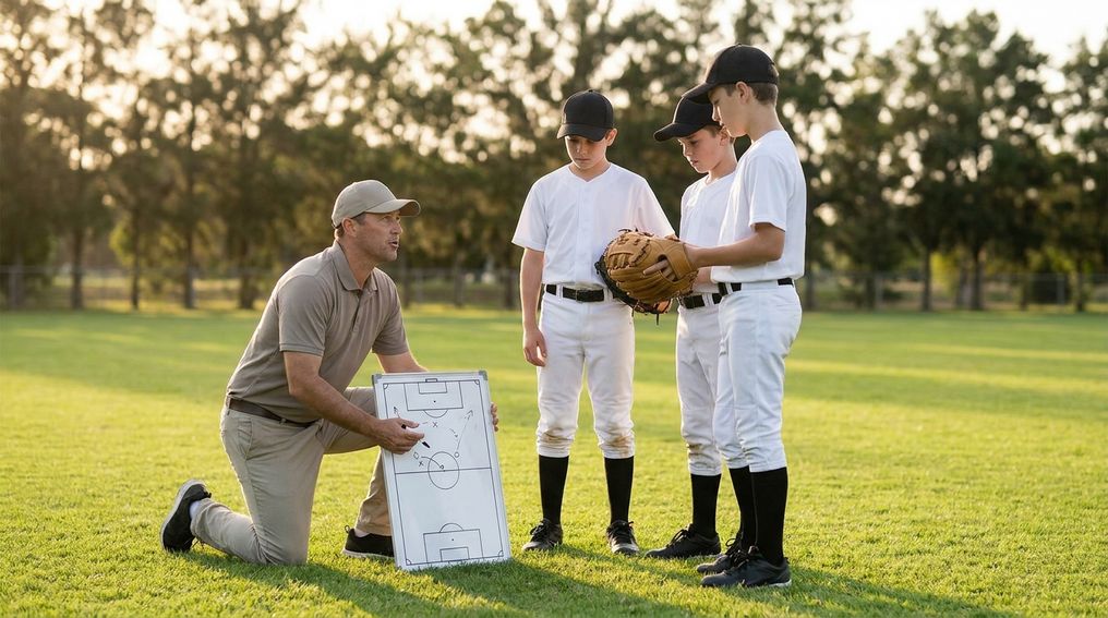 Youth baseball players discuss the next play with their coach before a pitch