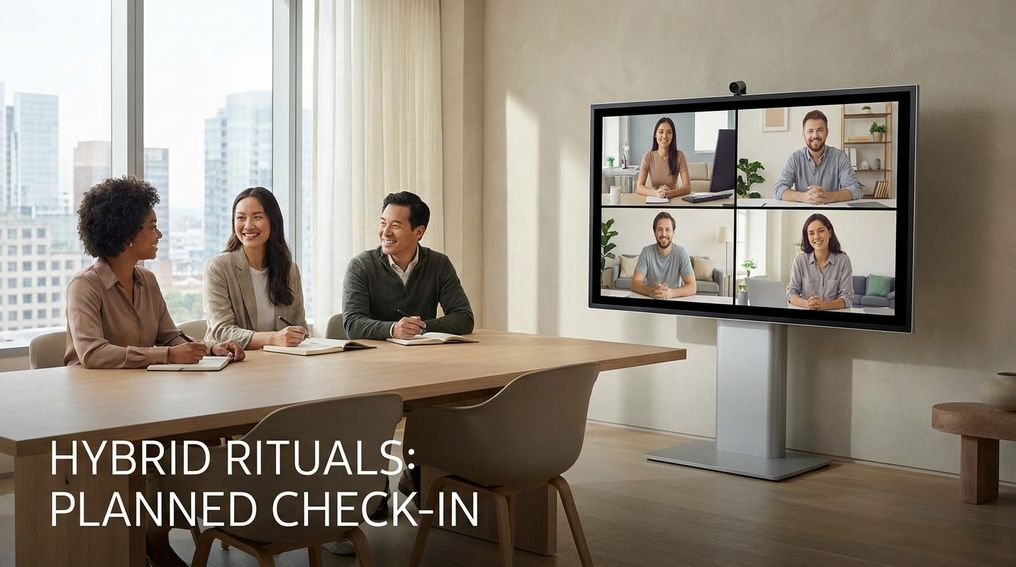 Hybrid team members joining a structured video check-in from office and home